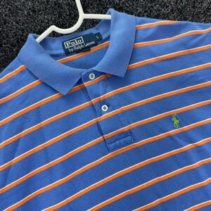 Polo Ralph Lauren Mens Large Blue Orange Striped Short Sleeve Pique Polo Shirt